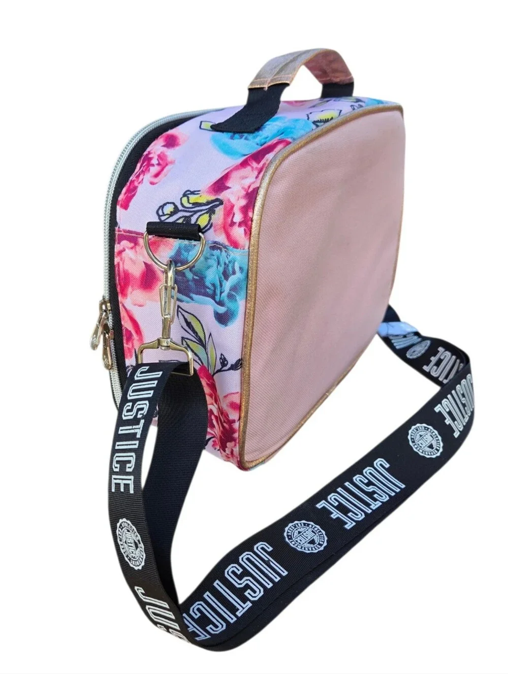 Justice Gold Metallic Shimmery Crossbody Lunch Box Tropic Floral-Patterned Logo